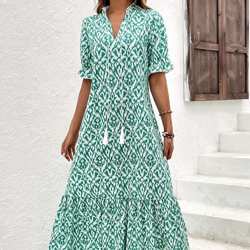 Green And White Boho Womens Tassel Tie Neck Flounce Sleeve Ruffle Hem Smo… - Picture 2 of 5